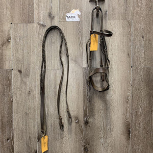 Flat Bridle, Wide Braided Reins *fair, v.dirty, v.stiff & dry, xholes, repaired, rough, trimmed end