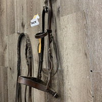 Flat Bridle, Wide Braided Reins *fair, v.dirty, v.stiff & dry, xholes, repaired, rough, trimmed end
