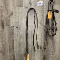 Flat Bridle, Wide Braided Reins *fair, v.dirty, v.stiff & dry, xholes, repaired, rough, trimmed end
