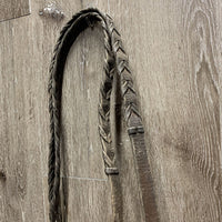 Flat Bridle, Wide Braided Reins *fair, v.dirty, v.stiff & dry, xholes, repaired, rough, trimmed end
