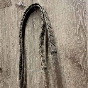 Flat Bridle, Wide Braided Reins *fair, v.dirty, v.stiff & dry, xholes, repaired, rough, trimmed end