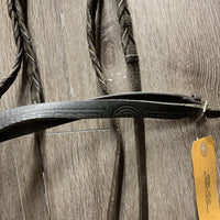 Flat Bridle, Wide Braided Reins *fair, v.dirty, v.stiff & dry, xholes, repaired, rough, trimmed end
