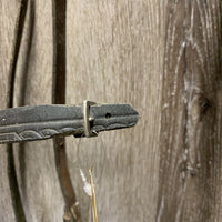 Flat Bridle, Wide Braided Reins *fair, v.dirty, v.stiff & dry, xholes, repaired, rough, trimmed end
