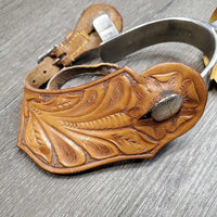 Antique 10pt Rowel Engraved Western Spurs, F. Eamor tooled leather straps *vgc, mnr dirt, scuffs, straps-dry, 1 torn keeper
