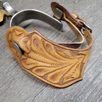 Antique 10pt Rowel Engraved Western Spurs, F. Eamor tooled leather straps *vgc, mnr dirt, scuffs, straps-dry, 1 torn keeper
