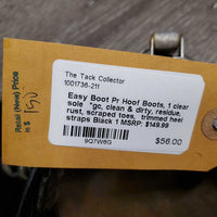 Pr Hoof Boots, 1 clear sole *gc, clean & dirty, residue, rust, scraped toes, trimmed heel straps
