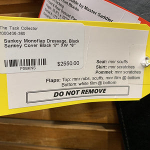 17" XW *6" Sankey Monoflap Dressage, Black Sankey Cover, XLg Long Front Blocks, Wool Flocking, Front & Rear Gusset Panels, Flaps: 16.5"L x 12"W Serial #: 17T 138915