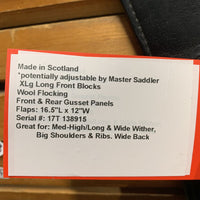 17" XW *6" Sankey Monoflap Dressage, Black Sankey Cover, XLg Long Front Blocks, Wool Flocking, Front & Rear Gusset Panels, Flaps: 16.5"L x 12"W Serial #: 17T 138915
