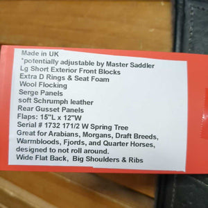 17.5" XW *7" Black Country Equinox Monoflap Trail - Dressage, Lg Short Exterior Front Blocks, Wool Flocking, Serge Panels, soft Schrumph leather, Extra D Rings & Seat Foam, Rear Gusset Panels, Flaps: 15"L x 12"W Serial # 1732 171/2 W Spring Tree