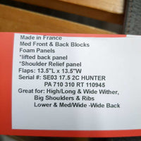 17.5 W *5.75" CWD SE03 Close Contact, Red CWD Cover, Leather Cantle Guard, 2 Billet Guards, Med Front & Back Blocks, Foam Panels, lifted back panel, Flaps: 13.5"L x 13.5"W Serial #: SE03 17.5 2C HUNTER PA 710 310 RT 110945
