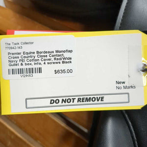 17" Adj *Med/Black Gullet In Premier Equine Bordeaux Monoflap Cross Country Close Contact, Navy PEI Cotton Cover, Red/Wide Gullet, box, info, Synthetic Flocking, Front & Rear Gusset Panels, Med Front & Back Blocks, Flaps: 13"L x 13"W Serial # PD 062923