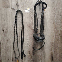 Rsd/Padded Dressage Bridle, Crank, Flash, Wide Braided Reins *vgc, clean, mnr residue & hair, dents, tight keeper, older, creases