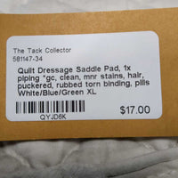 Quilt Dressage Saddle Pad, 1x piping *gc, clean, mnr stains, hair, puckered, rubbed torn binding, pills
