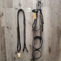 Thick Rsd Padded Dressage Bridle, Braided Reins, Roller Buckles *gc/fair, slices?chews, edge scrapes, tight keepers, older
