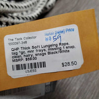 Thick Soft Lungeing Rope, tag *gc, mnr frays, missing 1 snap, clean, hairy, snags
