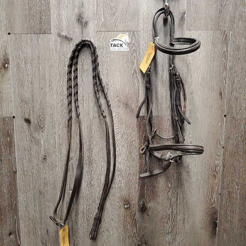 FS Rsd/Padded Bridle, Braided Reins *gc/fair, v.dirty, stiff, dry, loose keepers & hooks, v.scraped edges, xholes, creases