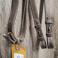 FS Rsd/Padded Bridle, Braided Reins *gc/fair, v.dirty, stiff, dry, loose keepers & hooks, v.scraped edges, xholes, creases