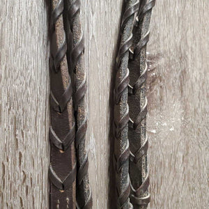 FS Rsd/Padded Bridle, Braided Reins *gc/fair, v.dirty, stiff, dry, loose keepers & hooks, v.scraped edges, xholes, creases