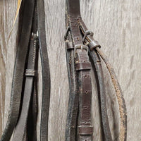 FS Rsd/Padded Bridle, Braided Reins *gc/fair, v.dirty, stiff, dry, loose keepers & hooks, v.scraped edges, xholes, creases
