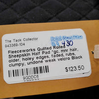 Quilted Rolled Sheepskin Half Pad *gc, mnr hair, older, holey edges, faded, rubs, clumpy, undone weak velcro
