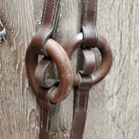 Pr Leather Donut Side Reins *gc, stiff, dry, scraped edges, mnr dirt, breaking keeper thread, twists
