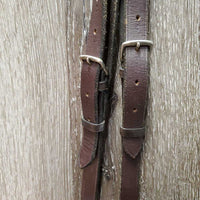 Pr Leather Donut Side Reins *gc, stiff, dry, scraped edges, mnr dirt, breaking keeper thread, twists
