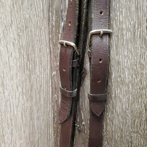 Pr Leather Donut Side Reins *gc, stiff, dry, scraped edges, mnr dirt, breaking keeper thread, twists