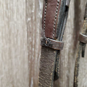 Pr Leather Donut Side Reins *gc, stiff, dry, scraped edges, mnr dirt, breaking keeper thread, twists