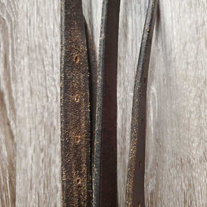 Pr Leather Donut Side Reins *gc, stiff, dry, scraped edges, mnr dirt, breaking keeper thread, twists