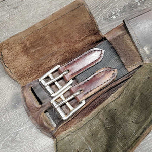 Trifold Dressage Girth, 2 buckle covers *gc, older, stains, clean, stretched keepers, v.creased & bent edges, hairy velcro