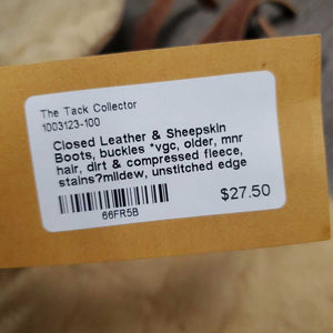 Closed Leather & Sheepskin Boots, buckles *vgc, older, mnr hair, dirt & compressed fleece, stains?mildew, unstitched edge