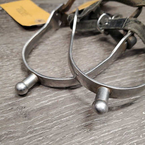 Pr Round End Spurs, thin leather spur straps *gc, dull, clean, film, rubs, rust, Straps: cut, dry, scraped & stretched straps