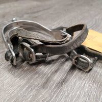 Pr Round End Spurs, thin leather spur straps *gc, dull, clean, film, rubs, rust, Straps: cut, dry, scraped & stretched straps
