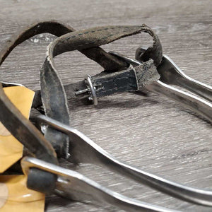 Pr Round End Spurs, thin leather spur straps *gc, dull, clean, film, rubs, rust, Straps: cut, dry, scraped & stretched straps