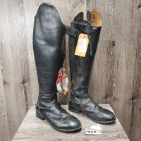 Pr Dressage Boots, zips, black roll plastic forms, widened *gc/fair, SPLIT Left Zipper, residue, scuffs, threads, stretched elastic