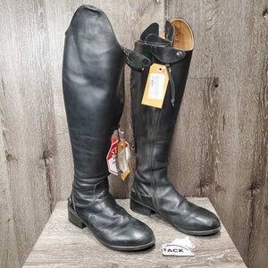 Pr Dressage Boots, zips, black roll plastic forms, widened *gc/fair, SPLIT Left Zipper, residue, scuffs, threads, stretched elastic