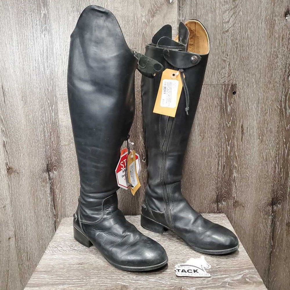 Pr Dressage Boots, zips, black roll plastic forms, widened *gc/fair, SPLIT Left Zipper, residue, scuffs, threads, stretched elastic