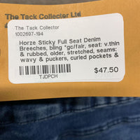 Sticky Full Seat Denim Breeches, bling *gc/fair, seat: v.thin & rubbed, older, stretched, seams: wavy & puckers, curled pockets & waist
