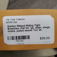 Ribbed Riding Tight Breeches, Pull On *gc, older, snags, stains, pulled seams