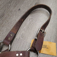 Wide Thick Soft Leather Halter, rivets, adj *gc, stains, dirt, rubs, curled end, scraped edges
