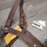 Wide Thick Soft Leather Halter, rivets, adj *gc, stains, dirt, rubs, curled end, scraped edges
