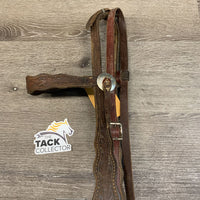 Vintage Tooled Headstall, Aluminum Curb Bit *gc, stiff, dry, mismatched throatlatch
