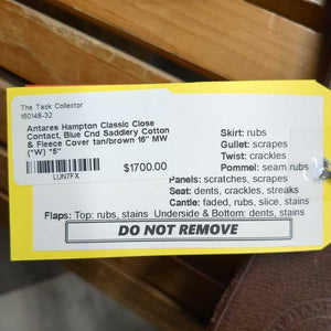 16" MW (*W) *5" Antares Hampton Classic Close Contact, Blue Cnd Saddlery Cotton & Fleece Cover, Foam Panels, Shoulder Relief Panels, Sm Front & Back Blocks, Flaps: 12.5"L x 13"W Serial #: 610 16 1