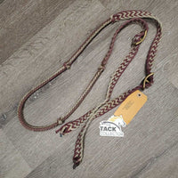 Braided Nylon Rope Western Round Reins, 2 conway buckles *fair, faded, discolored, v.stained, v.rubbed, dirty, unravelled end
