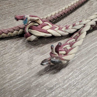 Braided Nylon Rope Western Round Reins, 2 conway buckles *fair, faded, discolored, v.stained, v.rubbed, dirty, unravelled end
