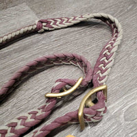 Braided Nylon Rope Western Round Reins, 2 conway buckles *fair, faded, discolored, v.stained, v.rubbed, dirty, unravelled end
