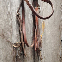 Thick Double Stitched Leather Headstall, laces *gc, mnr dirt, dry, dusty, creases, stains, mnr scrapes
