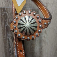 Sliding One Ear Studded Leather Western Headstall, cow hide cheeks *like new
