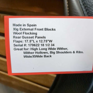 18.5 W/XW *6" Zaldi San Jorge Bi Color Dressage, Xlg External Front Blocks, Wool Flocking, Rear Gusset Panels, Flaps: 17.5"L x 12.75"W Serial #: 170622 18 1/2 34