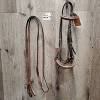 FS/Rsd Padded Bridle, Plain Reins *gc, dry, stiff, clean, scraped edges, stains, mnr mismatched
